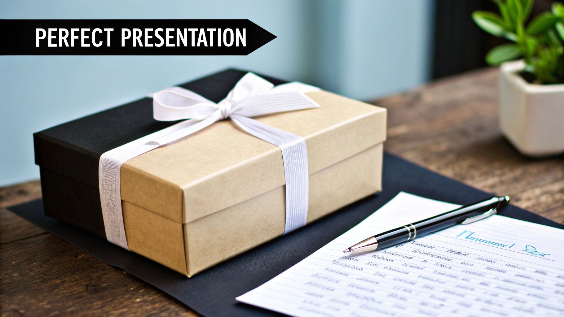A beautifully wrapped gift box with a white ribbon, a pen, and a notebook on a wooden table.