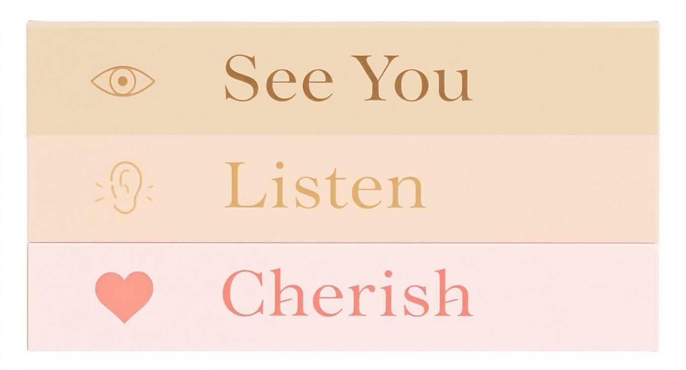 Three stacked blocks or books with symbols and words: 'See You' with an eye, 'Listen' with an ear, 'Cherish' with a heart.