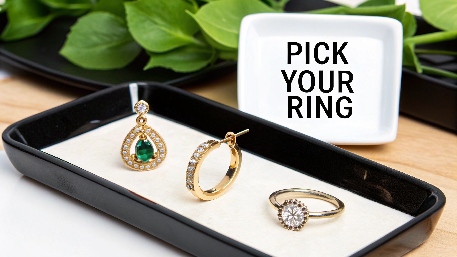 Three pieces of gold and diamond jewelry, including an emerald drop earring, a hoop, and a diamond ring, displayed in a black tray with a sign saying "PICK YOUR RING".