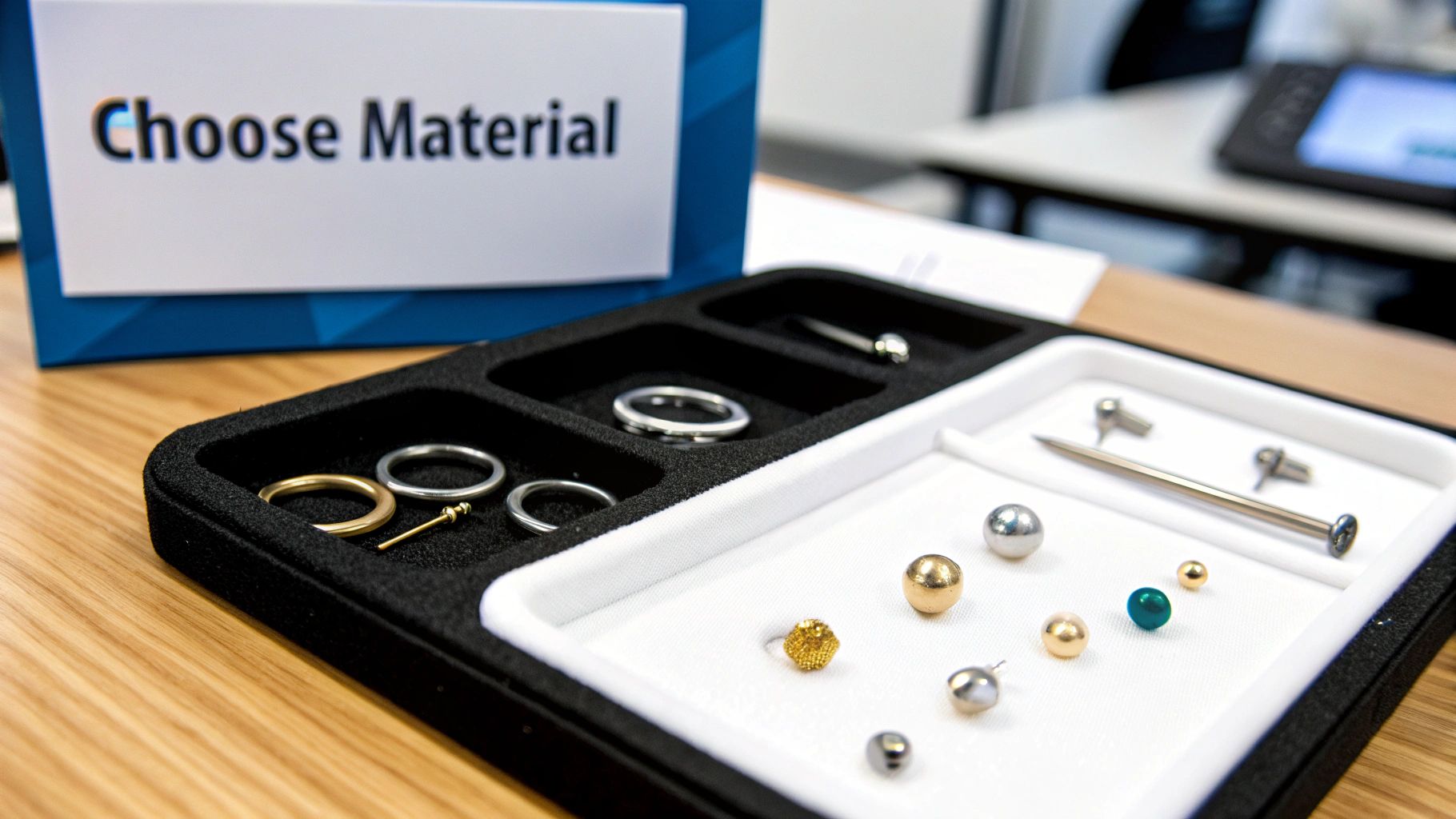 A black display tray holds various metal rings, studs, and spheres, next to a 'Choose Material' sign.