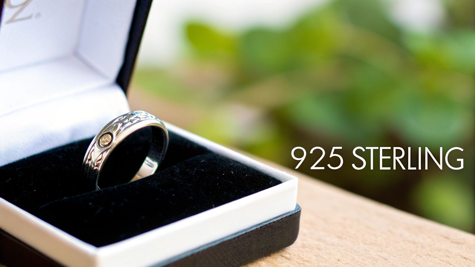 A sterling silver ring with an intricate design and a small stone in a black gift box.