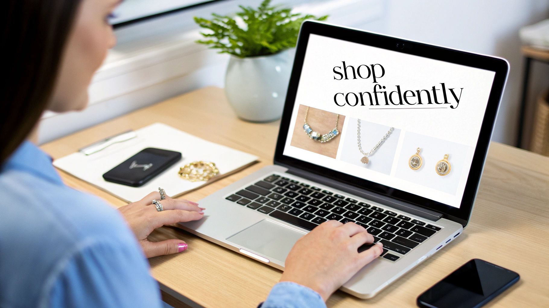 A person shops for jewelry online on a laptop, displaying various necklaces and pendants.
