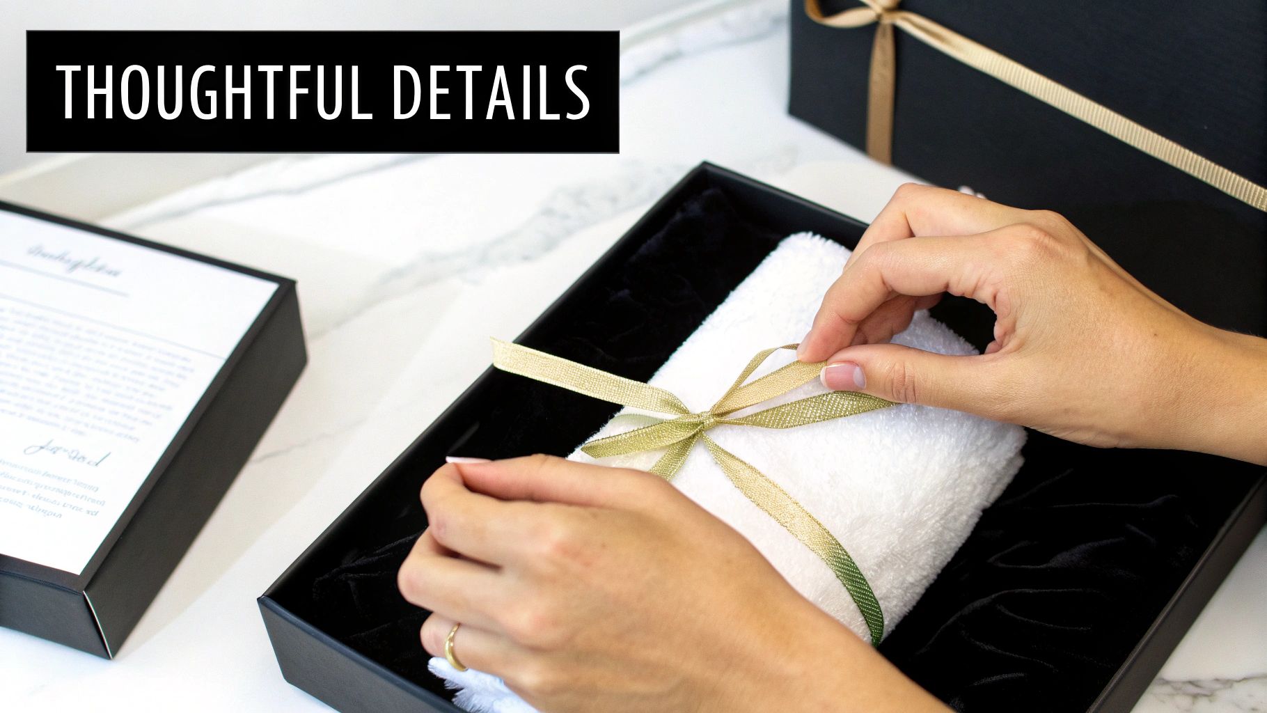 A person's hands delicately tying a decorative ribbon on a luxurious white towel in a gift set.