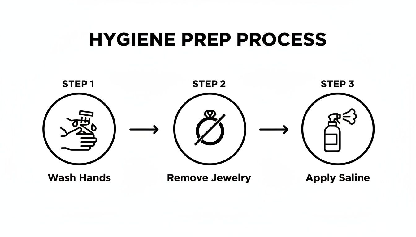 A three-step hygiene preparation process: wash hands, remove jewelry, and apply saline.