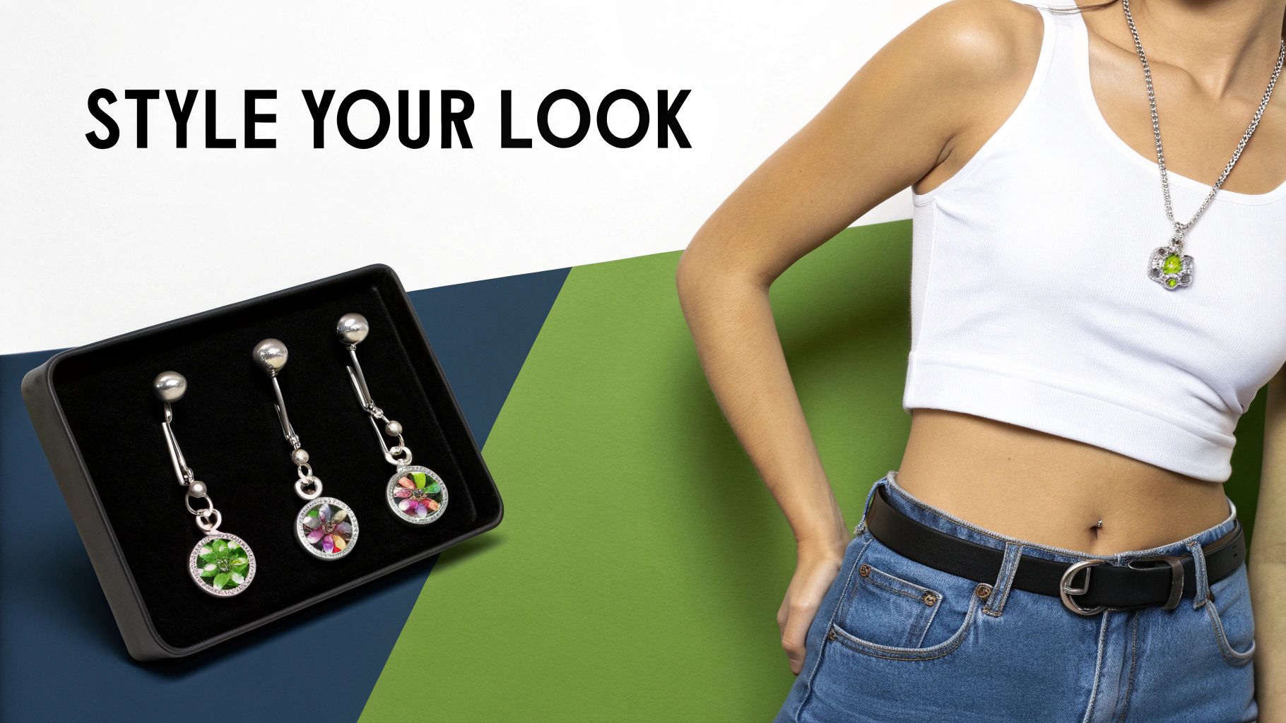 Close-up of three customizable belly button rings in a box, with a person showcasing their belly button piercing.