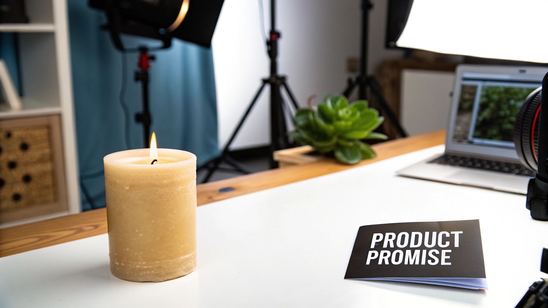 A lit candle, 'PRODUCT PROMISE' brochure, laptop, and camera lens on a white table in a photography studio.
