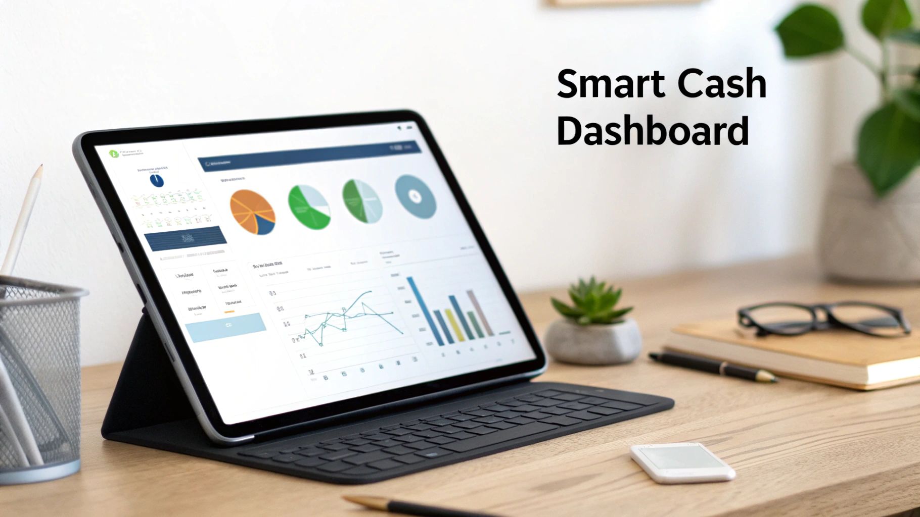 Technological tools displayed on a laptop and tablet, showing financial dashboards and graphs