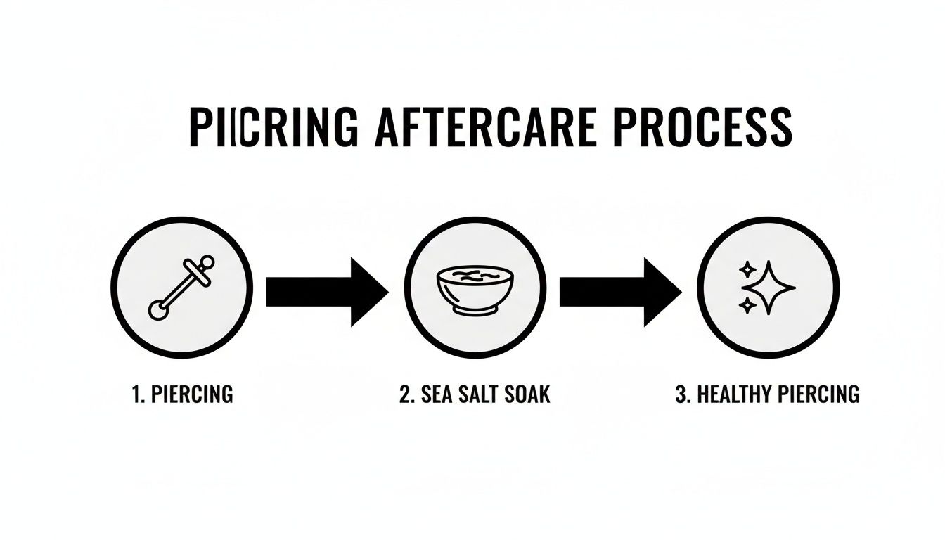 A three-step infographic illustrating the piercing aftercare process: initial piercing, sea salt soak, and a healthy, sparkling piercing.