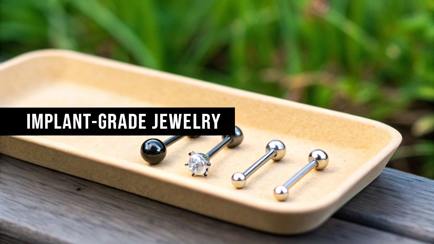 A collection of silver and black implant-grade body jewelry displayed on a light wooden tray.