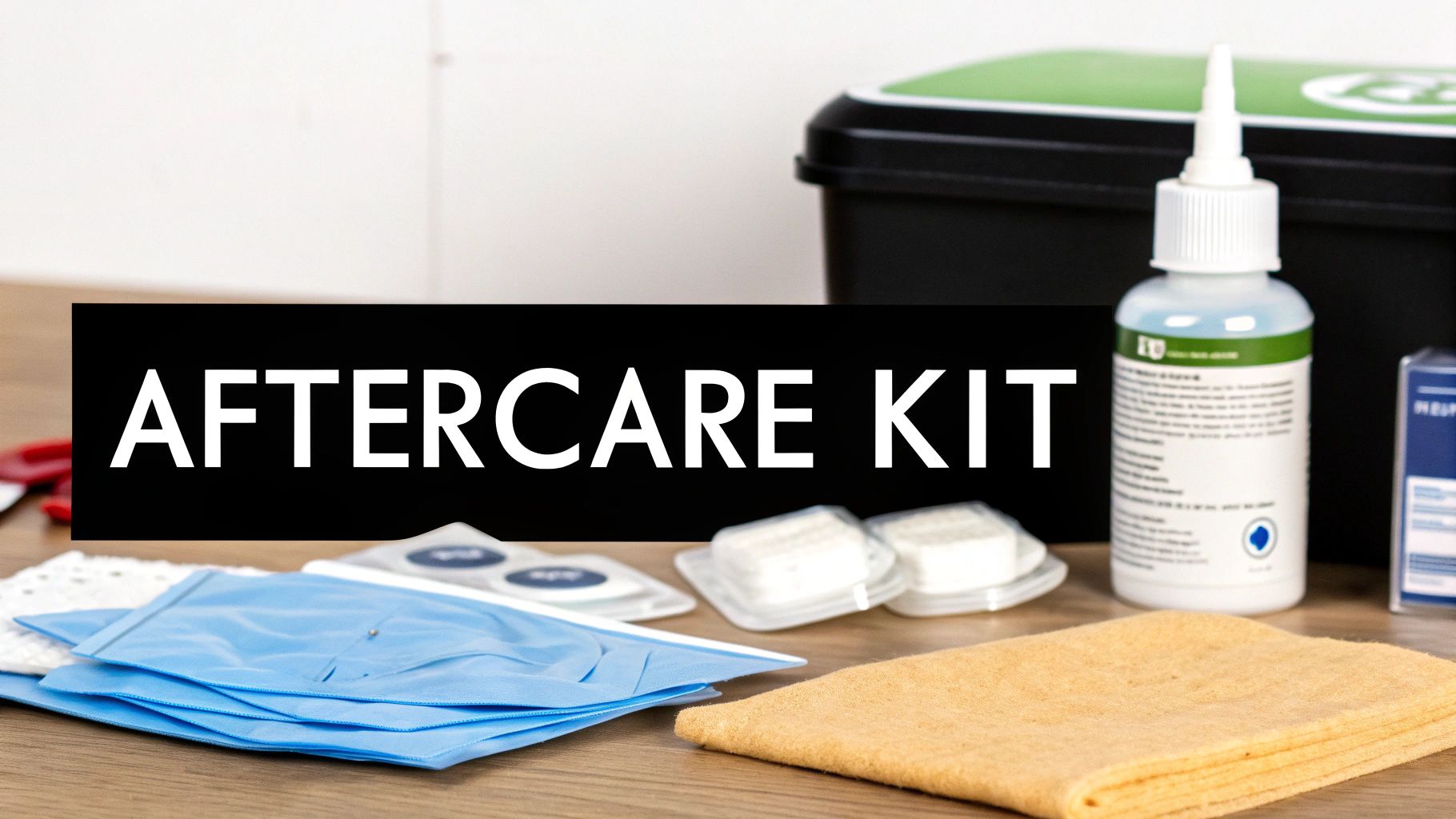A comprehensive aftercare kit with sterile pads, cleaning solution, and healing supplies on a wooden table.