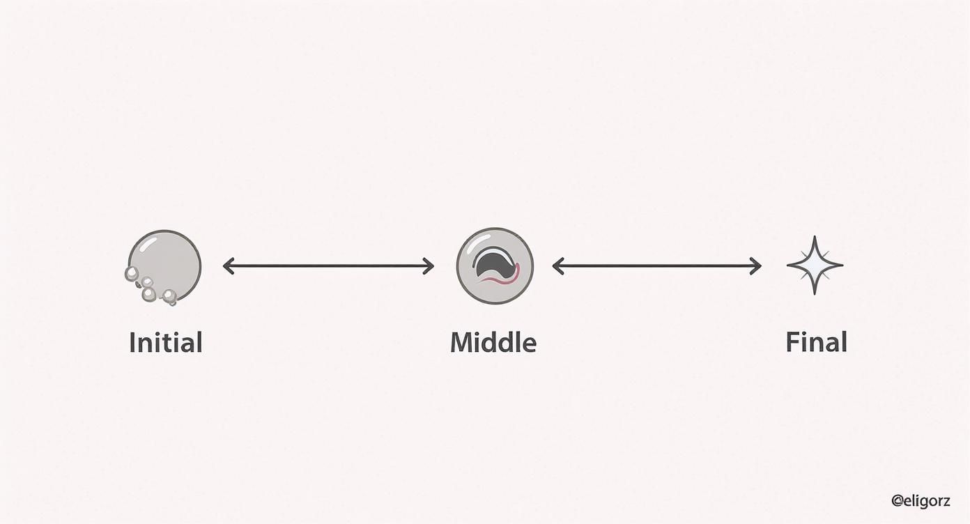 Illustration showing three stages of healing: initial irritation with bubbles, middle discomfort, and a final, healed sparkle.