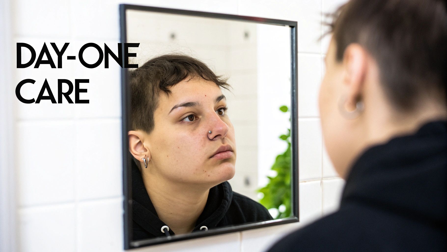 A person with a new nose piercing looks intently into a mirror, with text 'DAY-ONE CARE'.