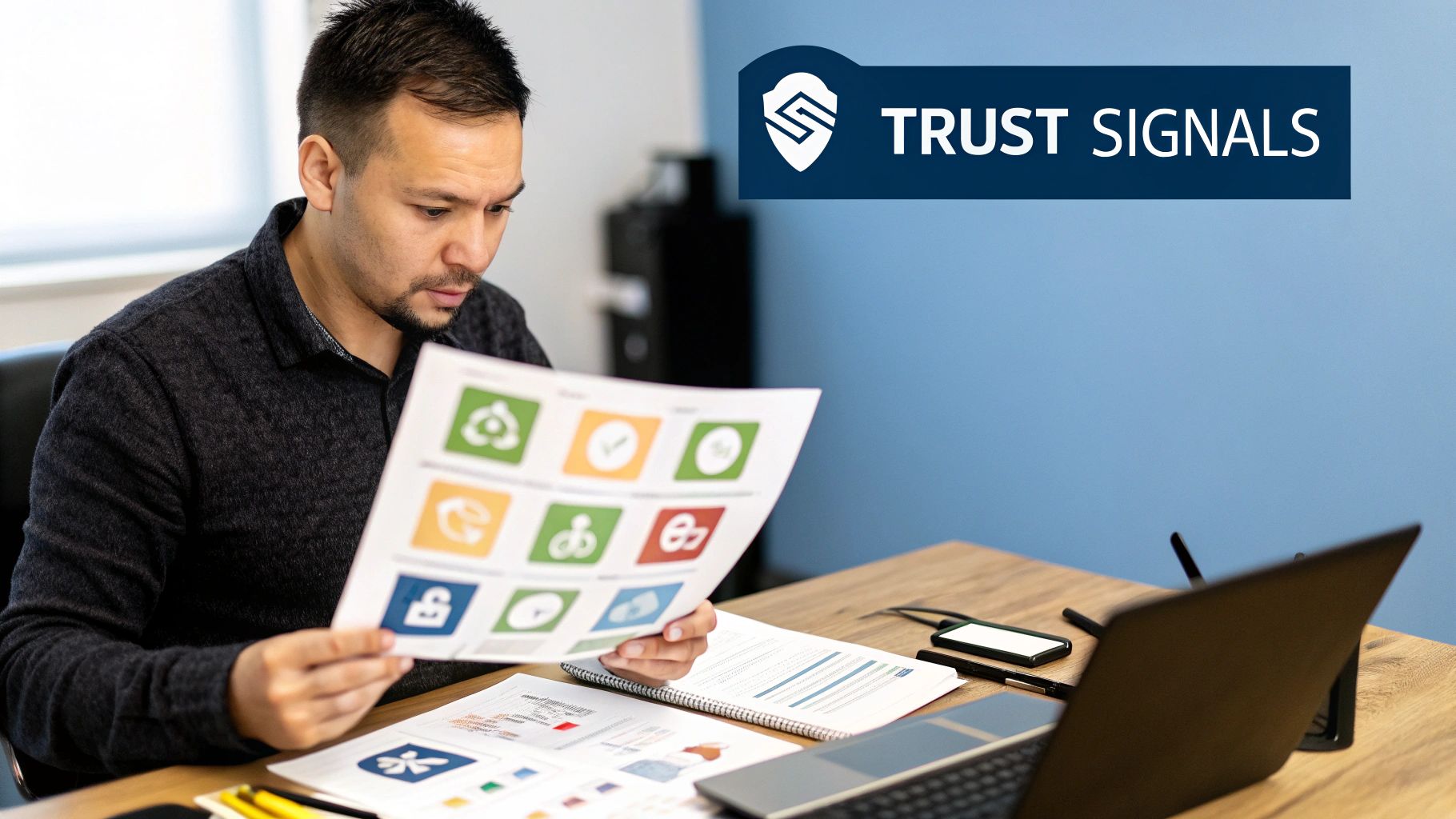 A customer leaving a five-star review on a tablet, with trust badges and social proof icons in the background