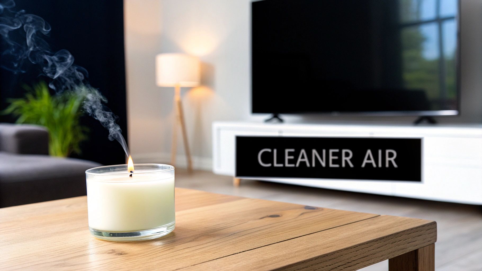A burning candle emitting smoke on a wooden table, with 'CLEANER AIR' displayed on a TV in the background.