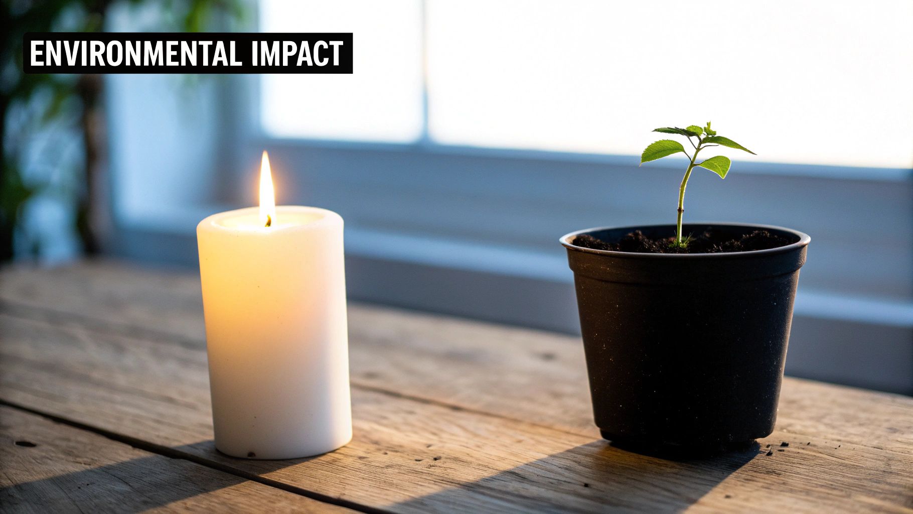 Burning white candle next to young plant seedling demonstrating environmental impact comparison