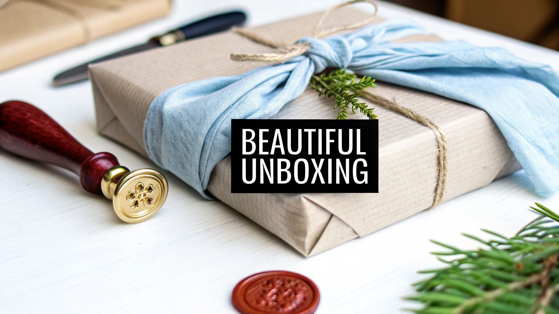 A beautifully wrapped gift box with light blue fabric, twine, a green sprig, and a wax seal stamp with a snowflake design.