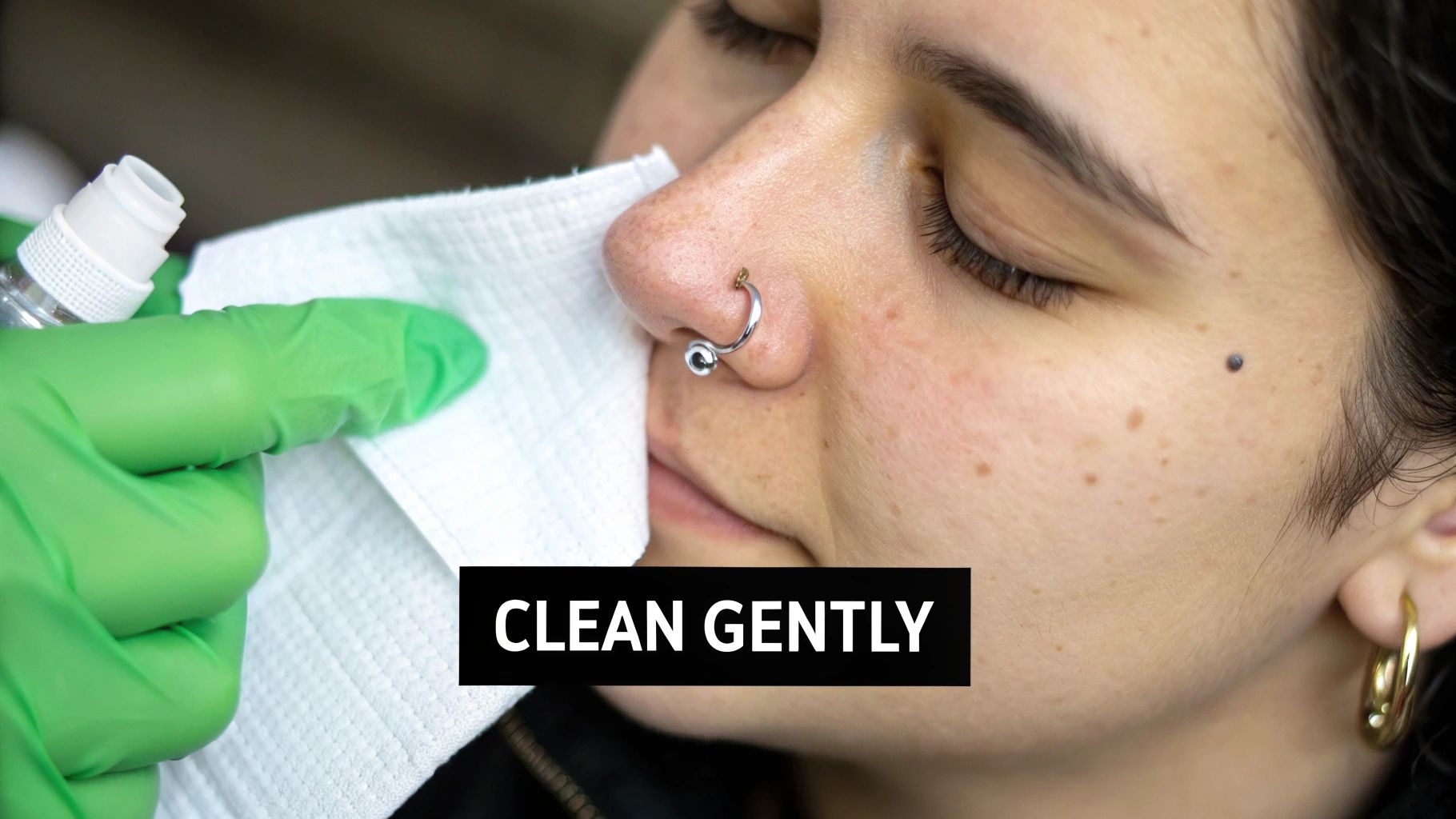 A person gently holding a saline spray bottle near their nose piercing.