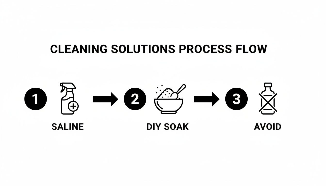 Flow chart illustrating cleaning solutions process: Saline spray, DIY soak, and solutions to avoid.