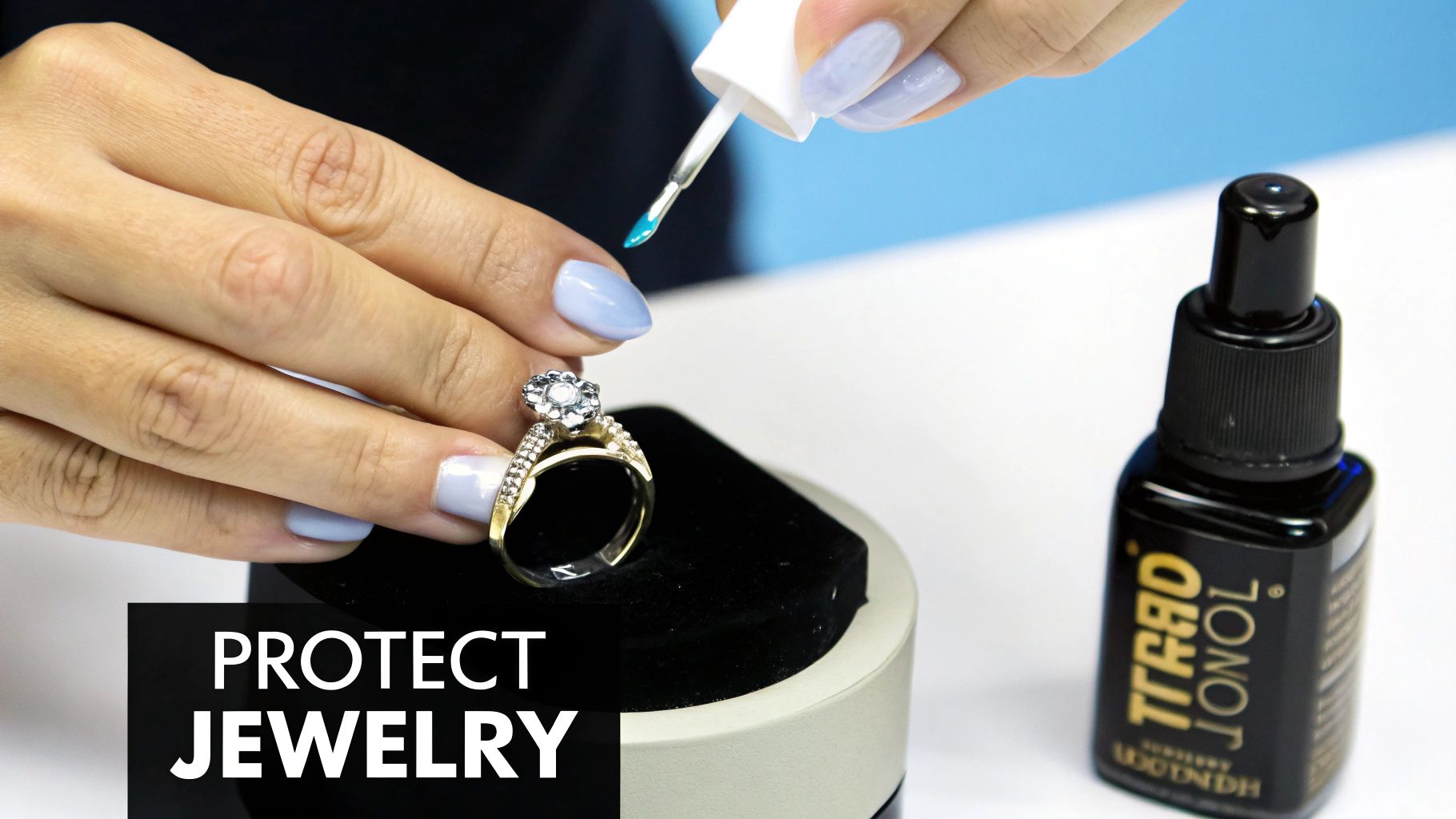 Hand applying clear liquid with a brush to a gold diamond ring, next to a protective jewelry solution bottle.