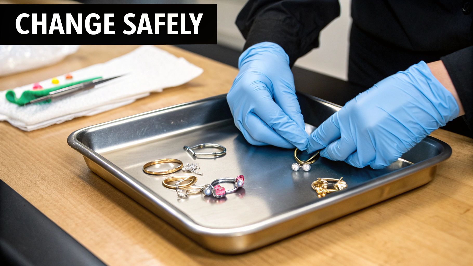 A person in blue gloves carefully arranges various rings and earrings on a metal tray.