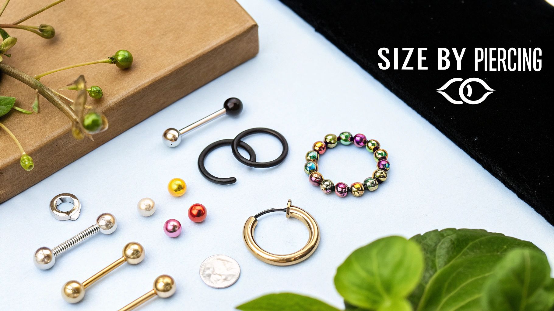 A collection of different body jewelry pieces arranged by piercing type, such as navel rings, nose hoops, and cartilage studs, on a clean, modern background.