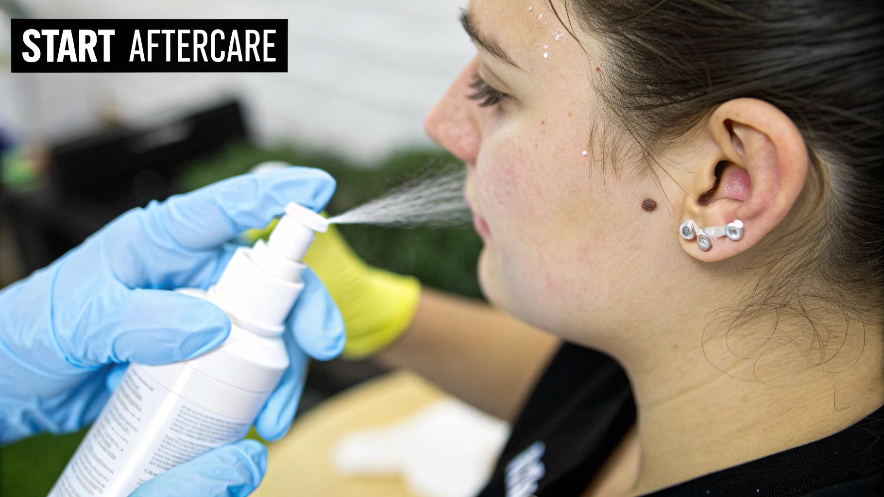 A person's ear with multiple new piercings being cleaned with a saline spray.