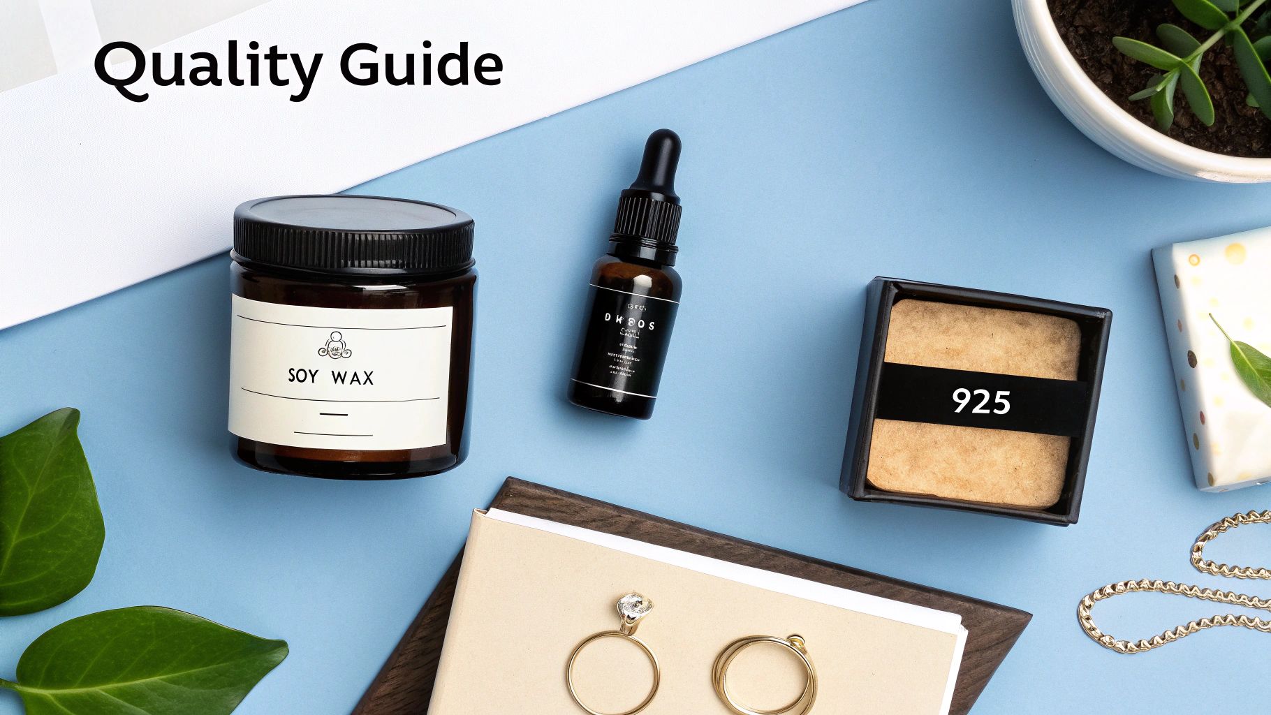 Quality Guide flat lay featuring a soy wax candle, dropper bottle, 925 jewelry box, and gold accessories on a blue background.