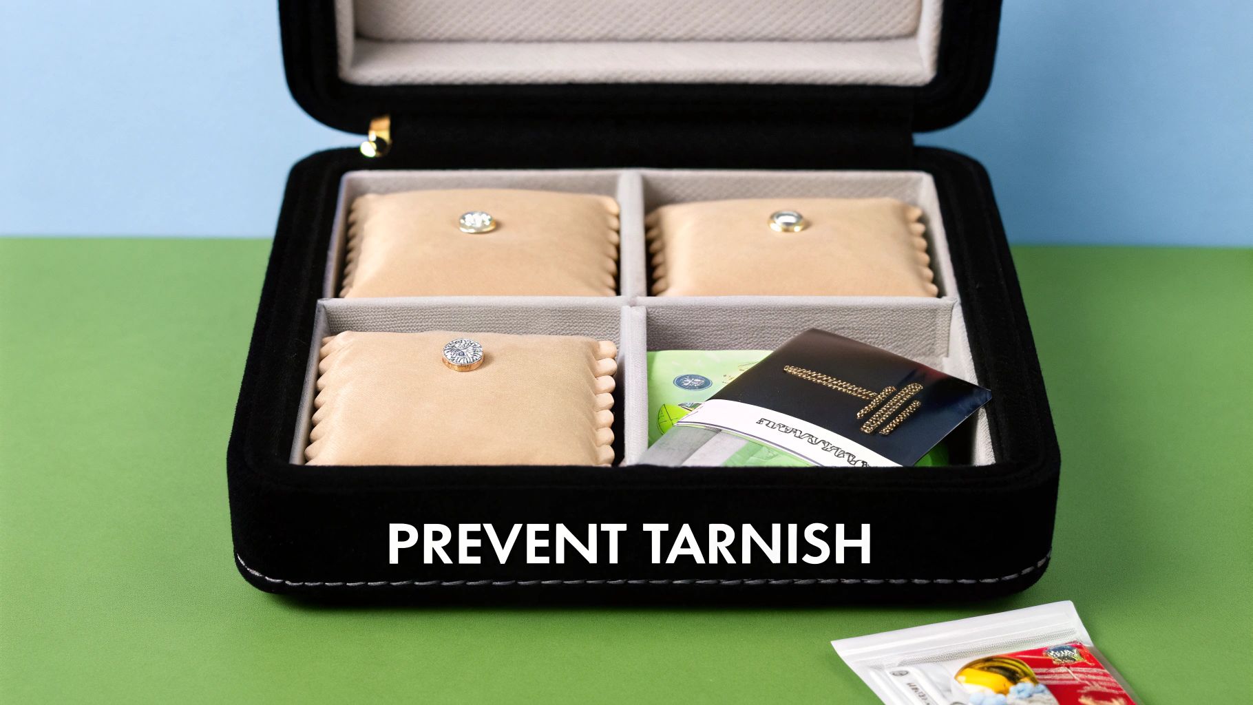 An open black jewelry box with compartments, cushions, and tarnish prevention solutions to protect jewelry.