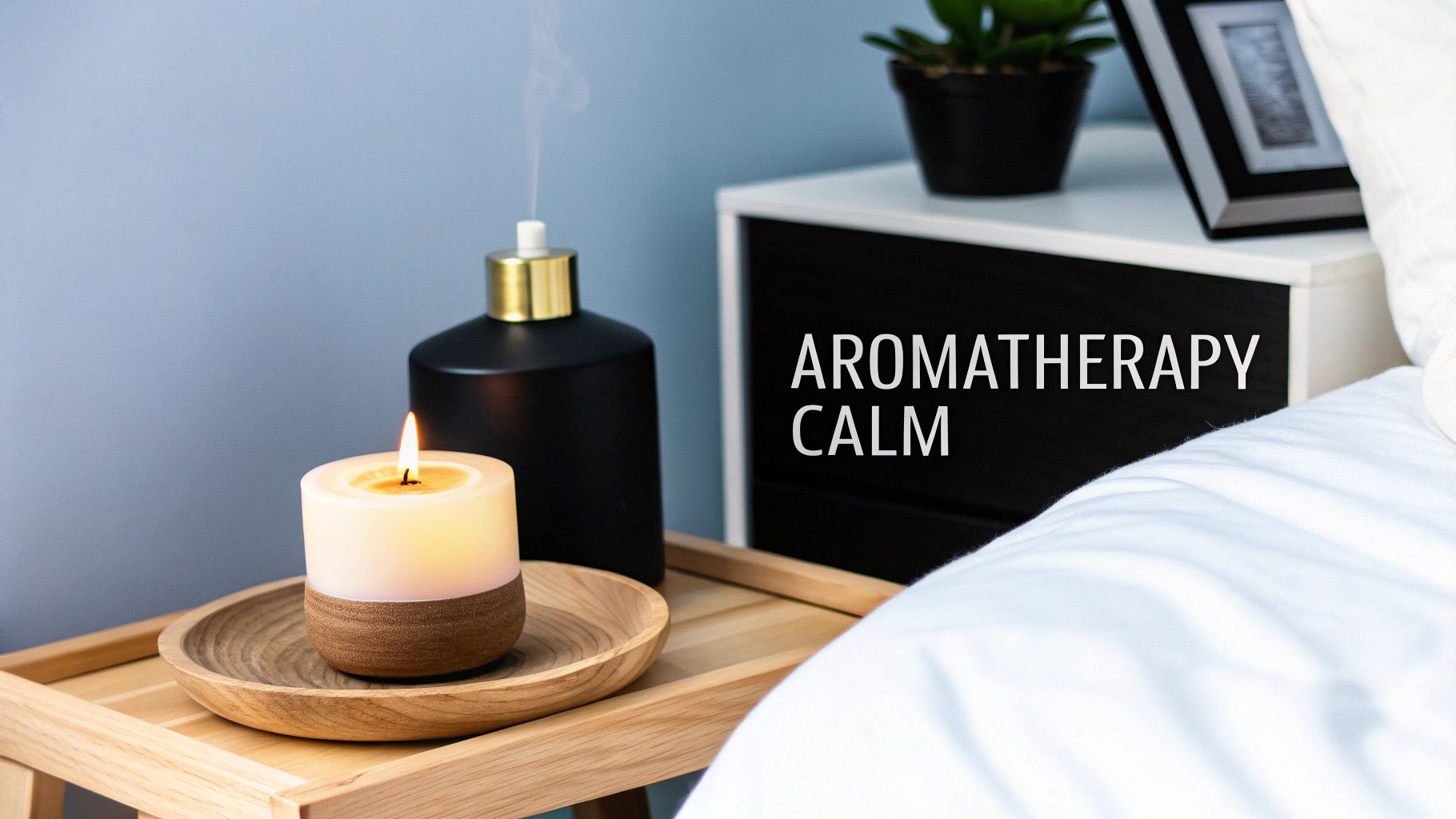 A lit candle and essential oil diffuser on a wooden tray for aromatherapy and calm in a bedroom.
