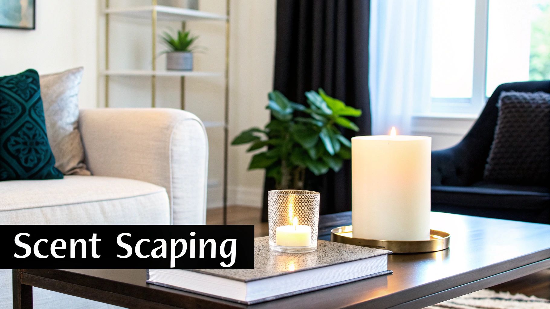 Cozy living room with a sofa, coffee table, and two lit candles for a warm ambiance.