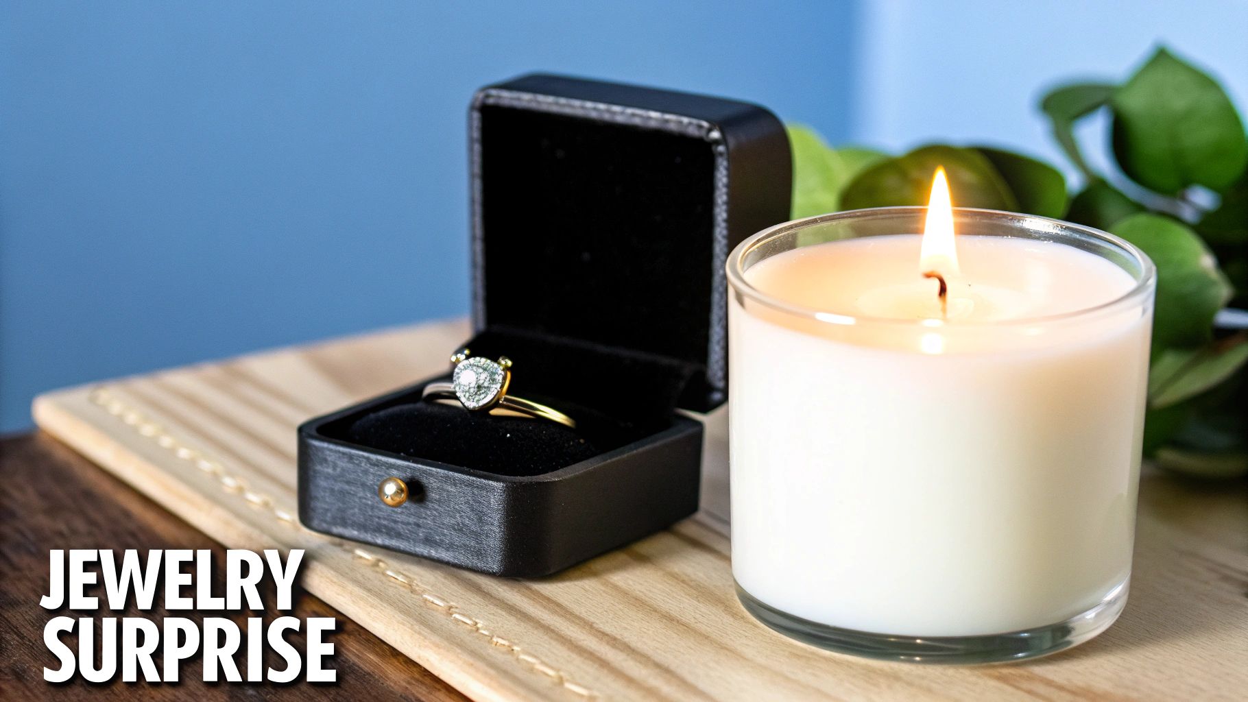 An engagement ring in an open black box next to a lit white candle and green leaves.