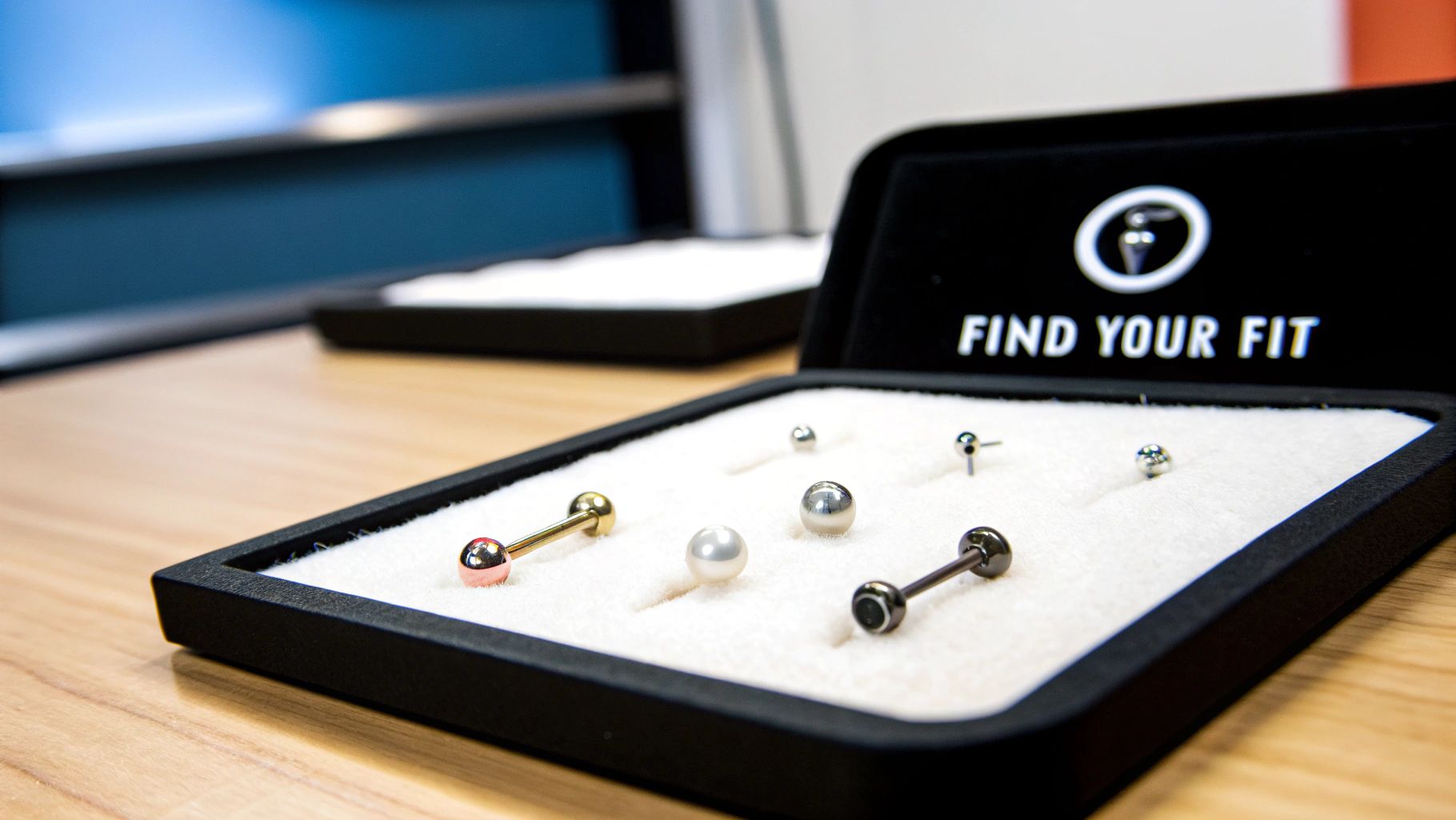 A close-up of various body jewelry pieces, including barbells, pearls, and studs, displayed in a black case.