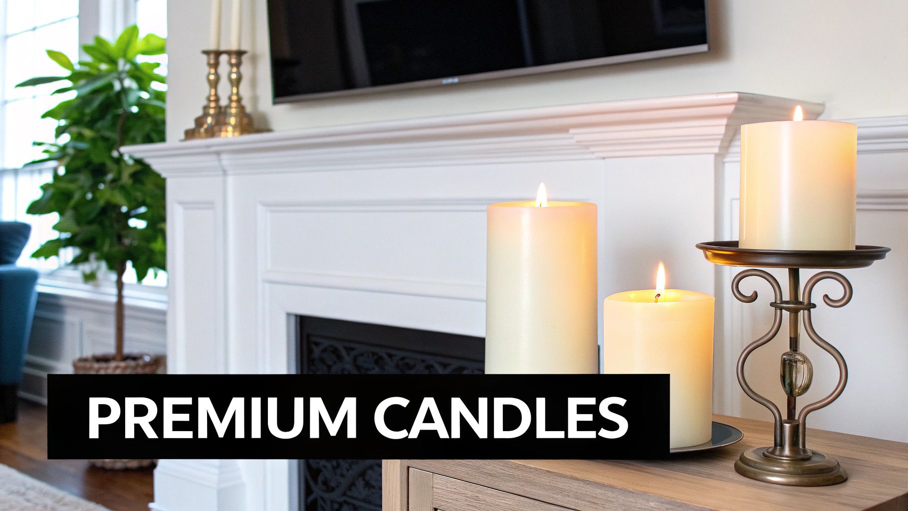 Three lit cream pillar candles, one on an ornate bronze holder, near a white fireplace.