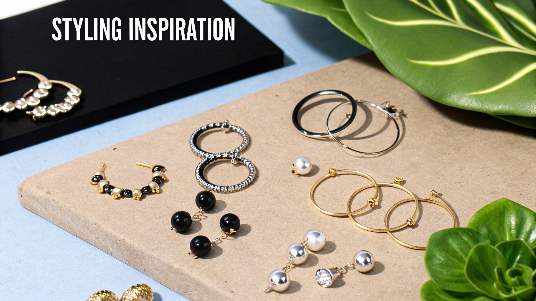 A diverse collection of elegant earrings and rings in gold, silver, and black for styling inspiration.