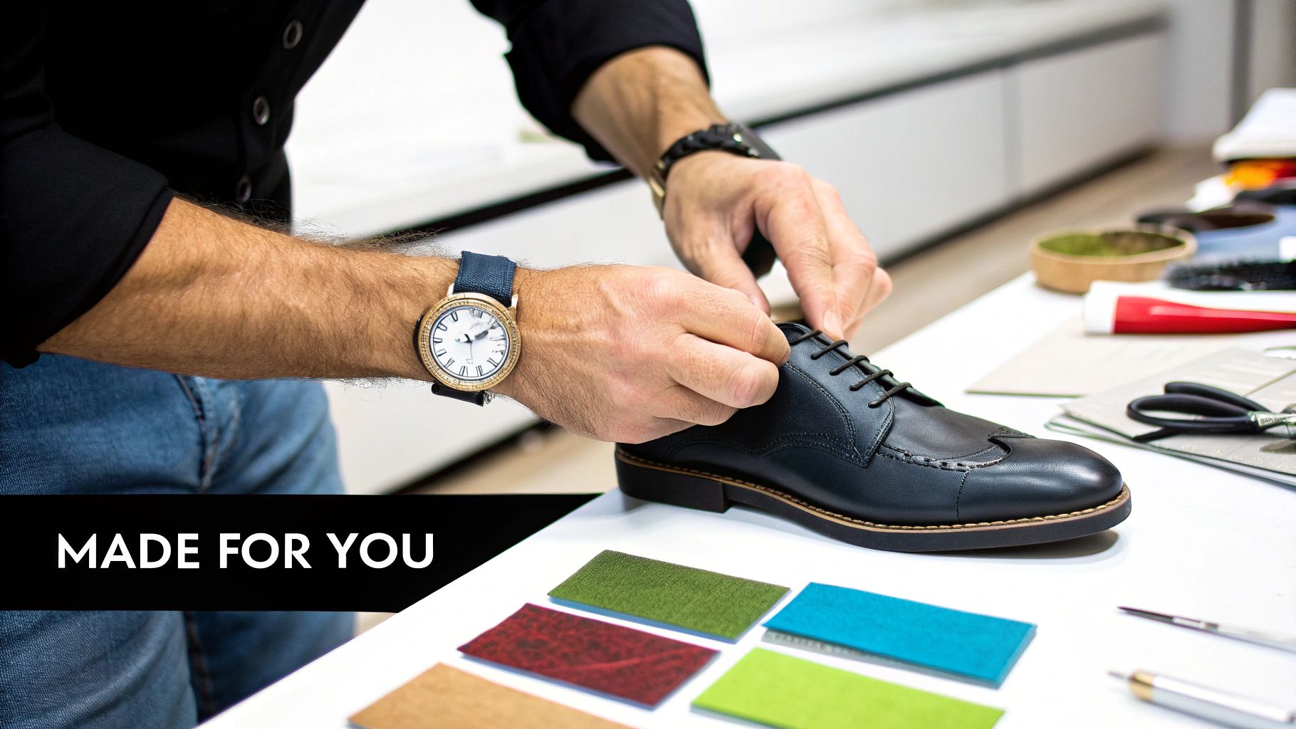 A craftsman's hands lacing a bespoke black leather shoe surrounded by material samples.