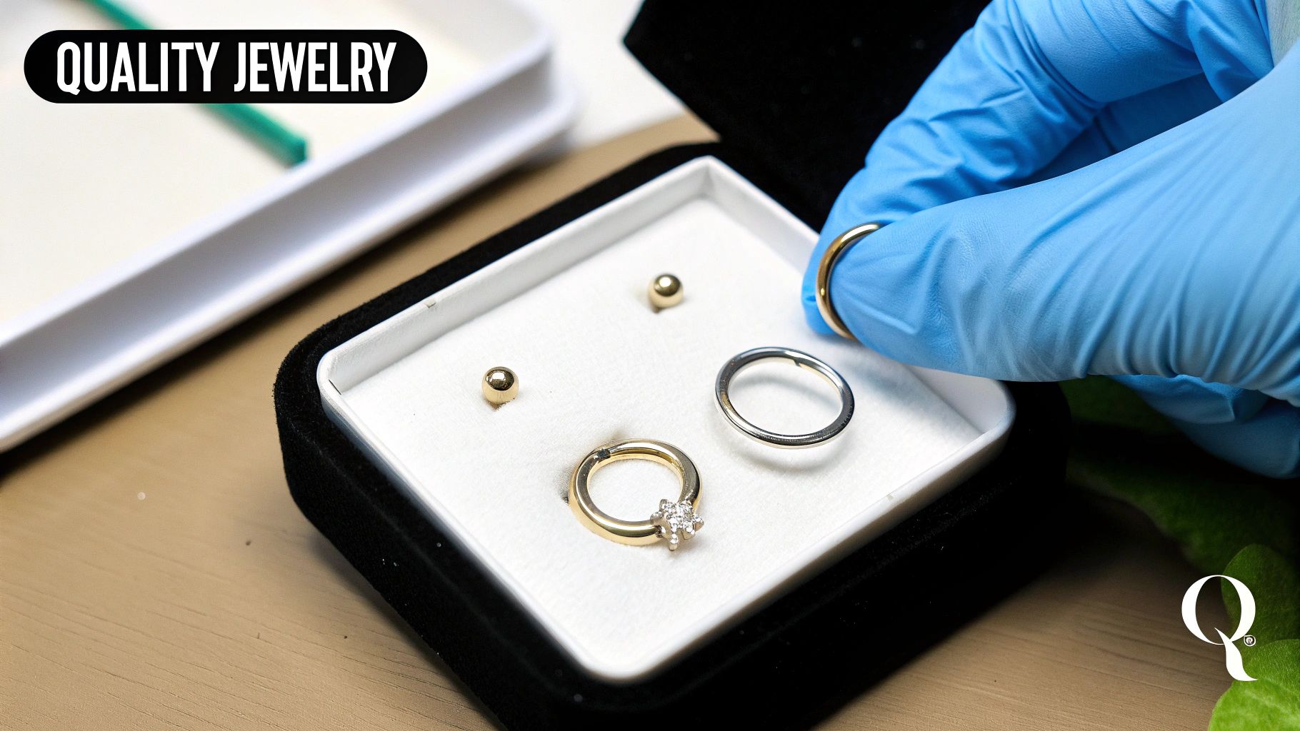 A gloved hand holds a gold ring, next to a black jewelry box filled with quality piercings.