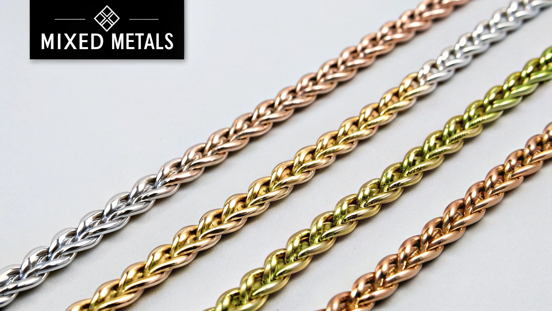 A close-up of a layered necklace stack with mixed metals and chain textures