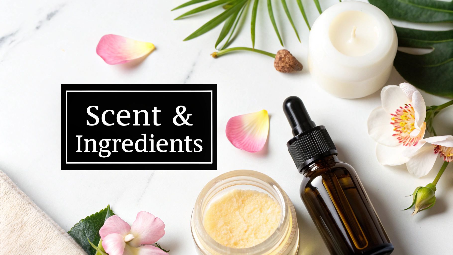 Natural spa aromatherapy products with essential oil dropper, cream, candle, and orchid flowers on marble