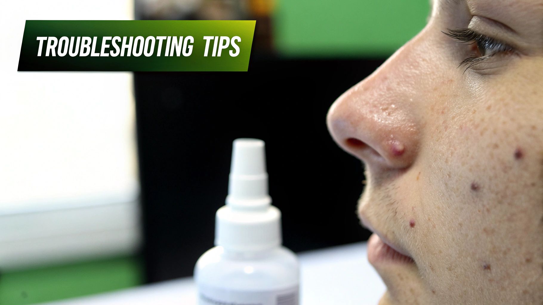 Close-up of a person's face with skin blemishes, a spray bottle, and 'TROUBLESHOOTING TIPS' banner.