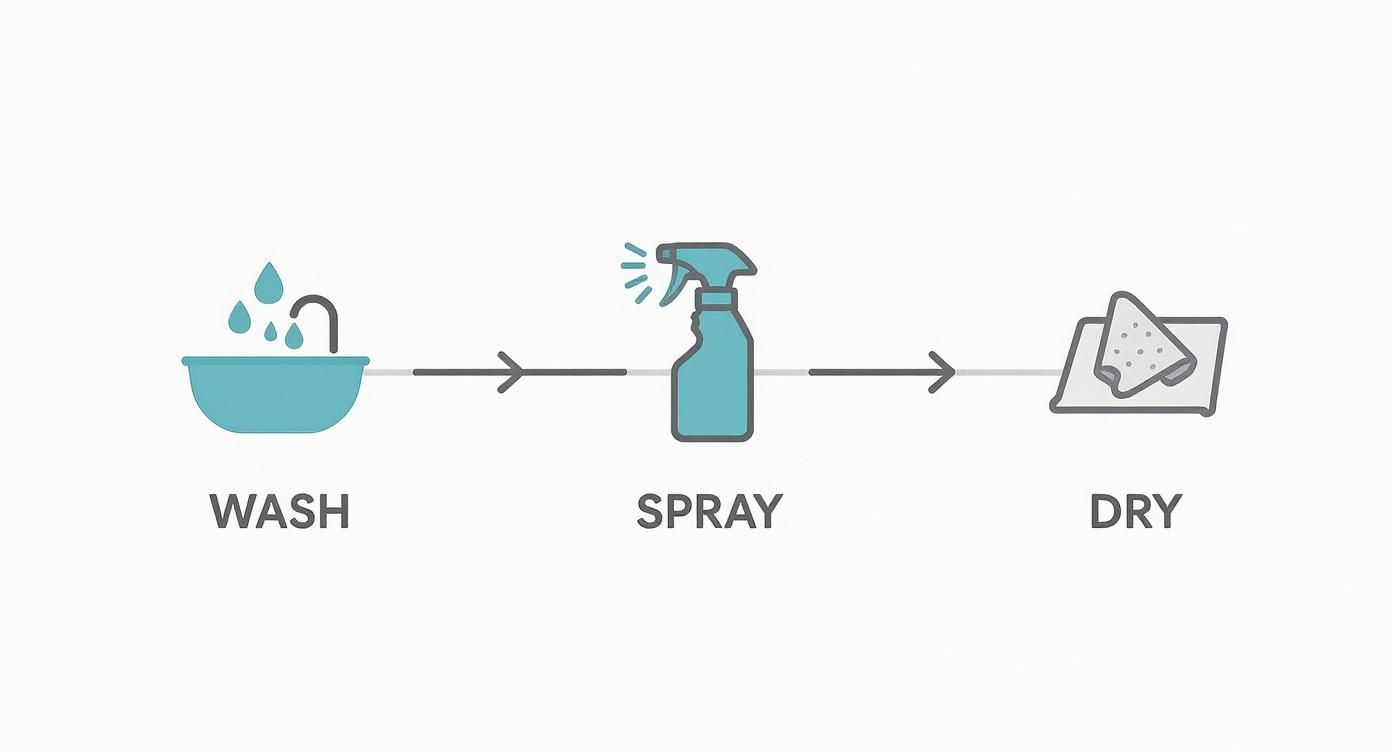 Infographic showing the three main steps of navel piercing cleaning: Wash hands, Spray with saline, and Dry with a paper towel.