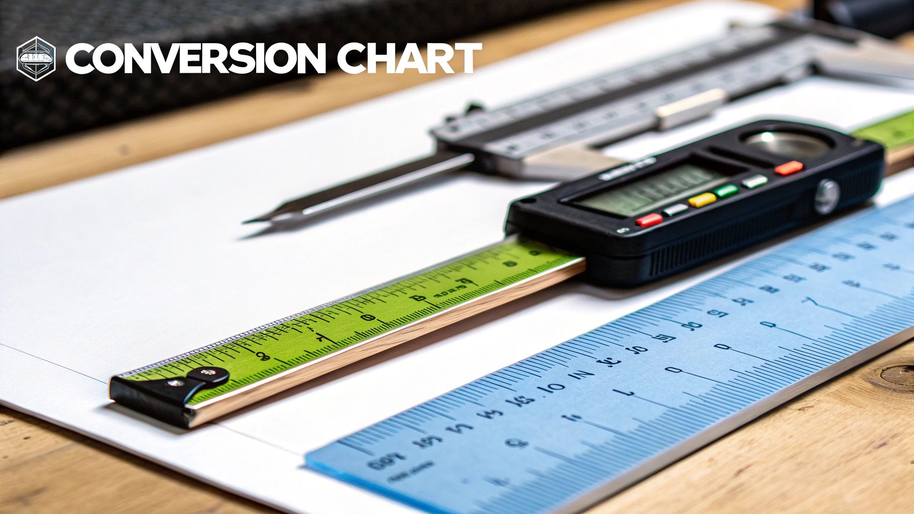 Close-up of a digital caliper and rulers on a white surface with 'CONVERSION CHART' text.