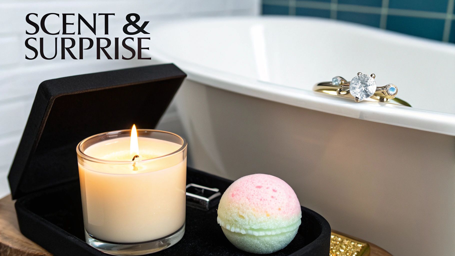A lit candle, a colorful bath bomb, and a diamond ring in a black box by a bathtub.