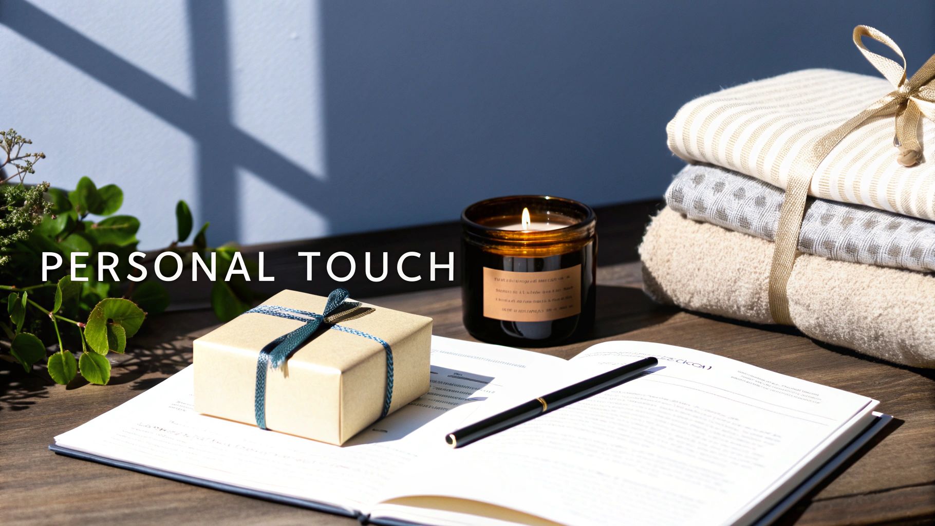 A cozy setup with a gift, lit candle, stack of textiles, open book, and pen on a wooden table.