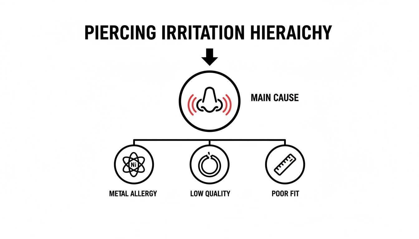 An infographic illustrating the piercing irritation hierarchy, with an irritated nose as the main cause, stemming from metal allergy, low quality jewelry, and poor fit.
