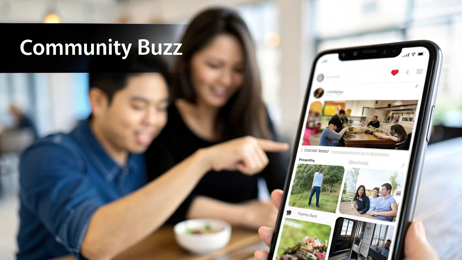 Two people, a man pointing at a smartphone displaying social media content with "Community Buzz" title.