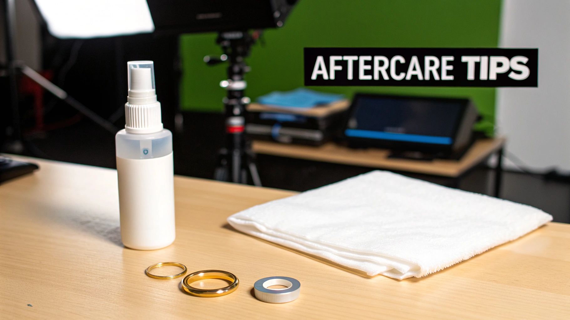 Aftercare tips for piercings, featuring a spray bottle, golden rings, and a cleaning cloth.