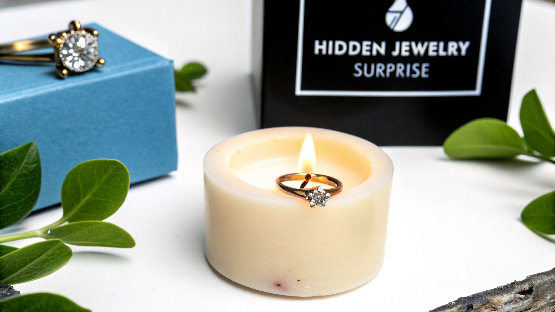 Two sparkling rings, one embedded in a lit candle, another on a blue gift box.