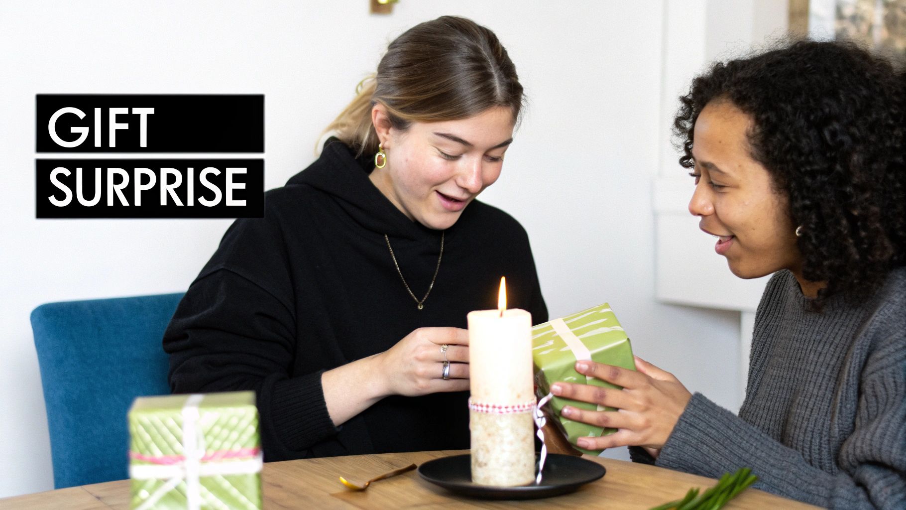 Two happy women sharing a moment as one receives a green gift box and a lit candle illuminates the scene.