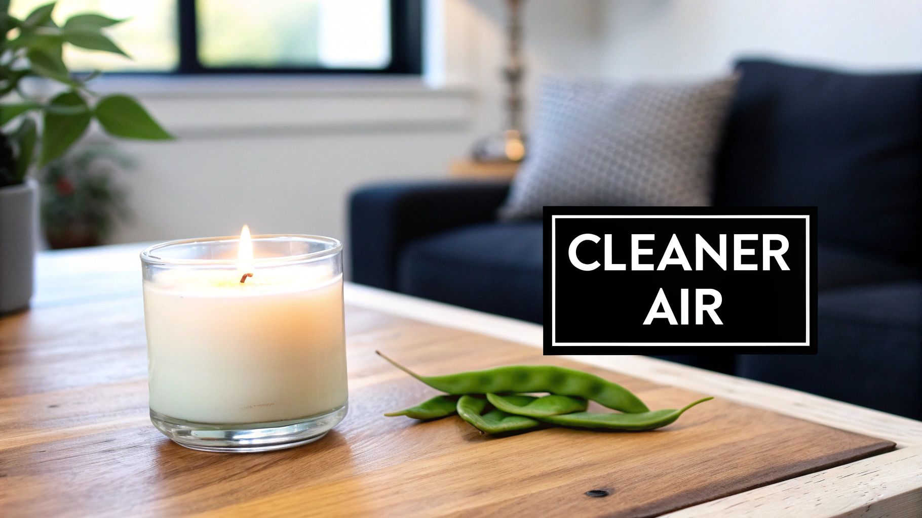 A cozy living room scene with a lit soy wax candle on a coffee table, creating a warm ambiance.