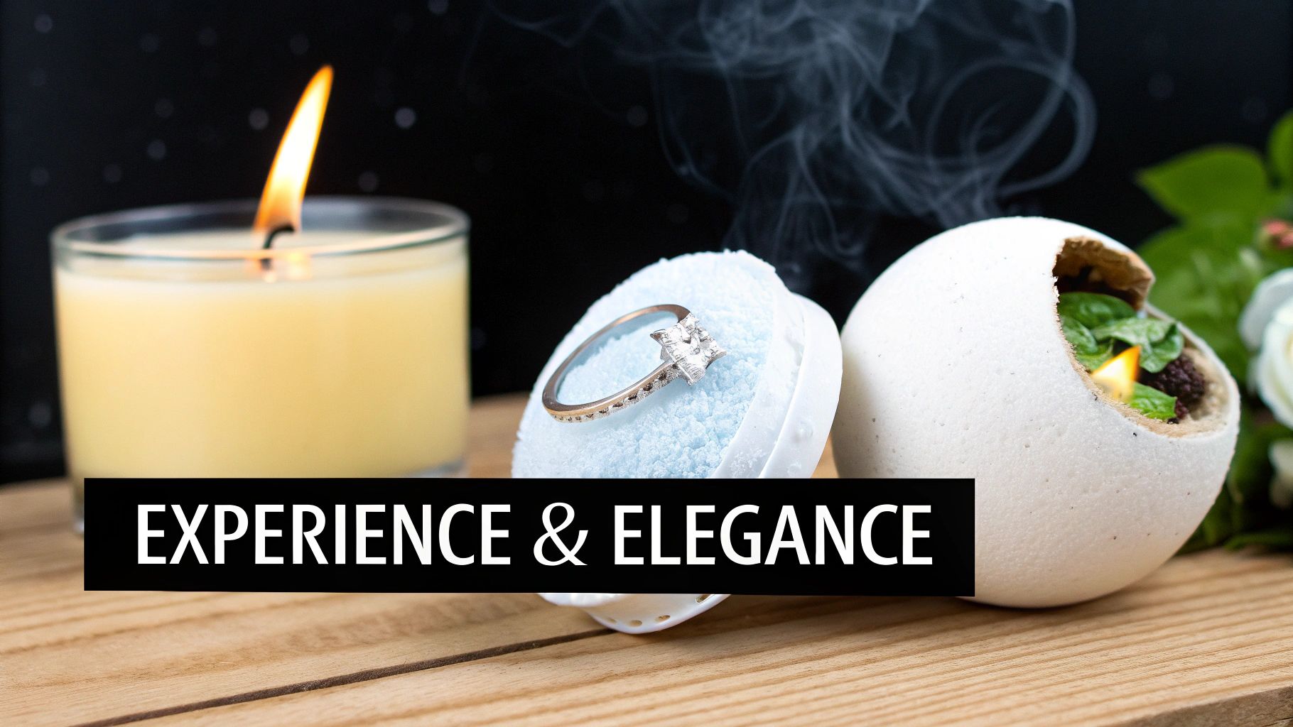 A woman unboxing a gift box containing a scented candle and bath bombs